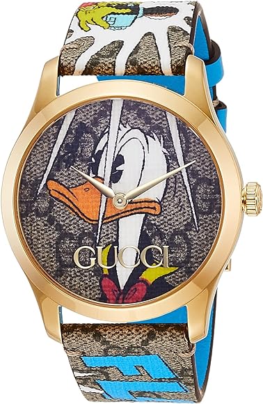 Gucci G Zeitlose Disney Donald Duck Uhr,  braunes Zifferblatt, braune Lederarmbanduhr für Damen – YA1264167