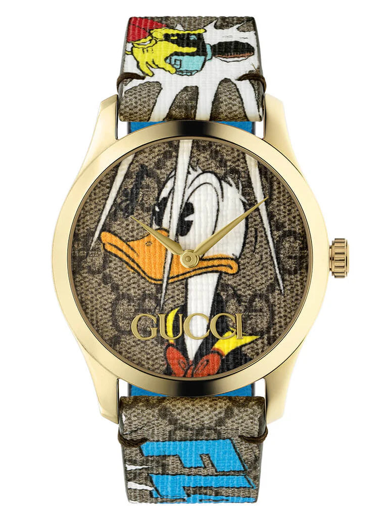 Gucci G Zeitlose Disney Donald Duck Uhr,  braunes Zifferblatt, braune Lederarmbanduhr für Damen – YA1264167