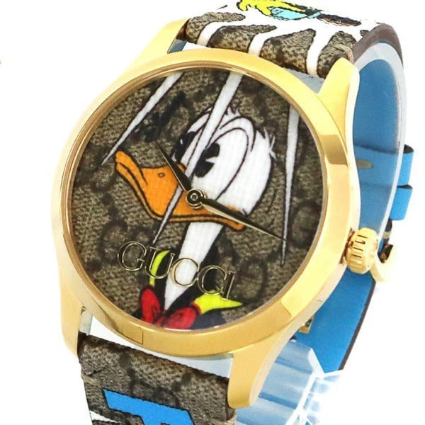 Gucci G Zeitlose Disney Donald Duck Uhr,  braunes Zifferblatt, braune Lederarmbanduhr für Damen – YA1264167