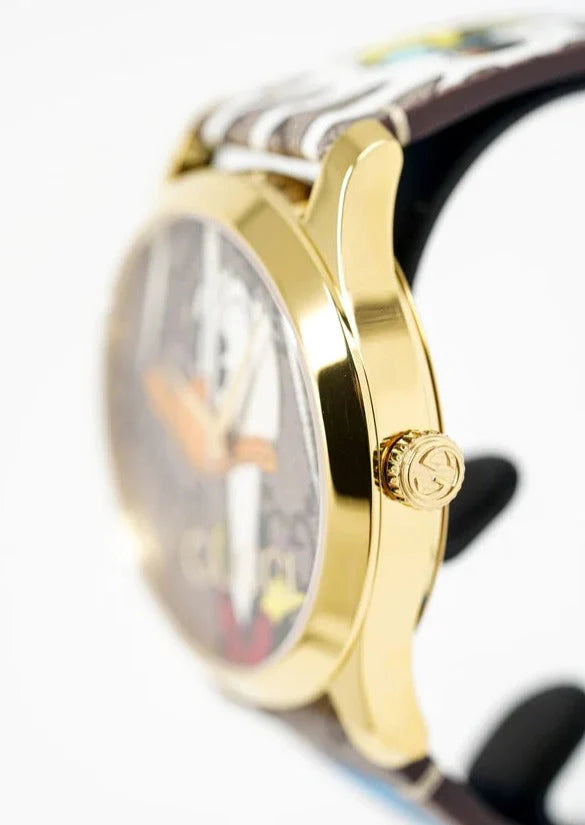Gucci G Zeitlose Disney Donald Duck Uhr,  braunes Zifferblatt, braune Lederarmbanduhr für Damen – YA1264167