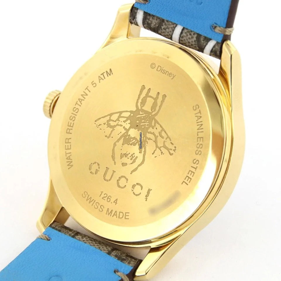 Gucci G Zeitlose Disney Donald Duck Uhr,  braunes Zifferblatt, braune Lederarmbanduhr für Damen – YA1264167