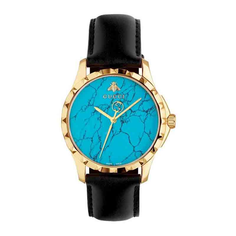 Gucci G Timeless Herrenuhr mit türkisblauem Zifferblatt und schwarzem Lederarmband - YA126462