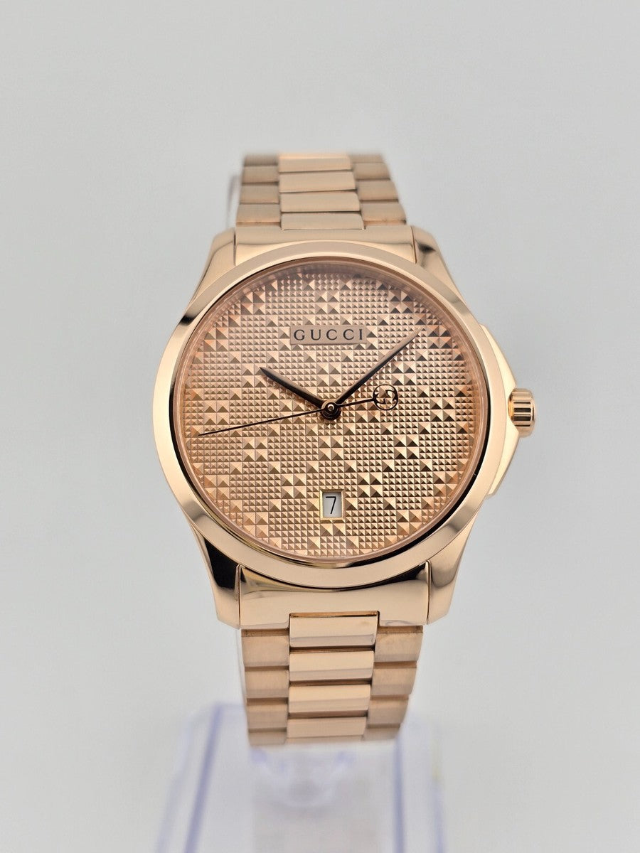 Gucci G Timeless Unisex-Uhr mit rosegoldenem Zifferblatt und rosegoldenem Stahlarmband – YA126482