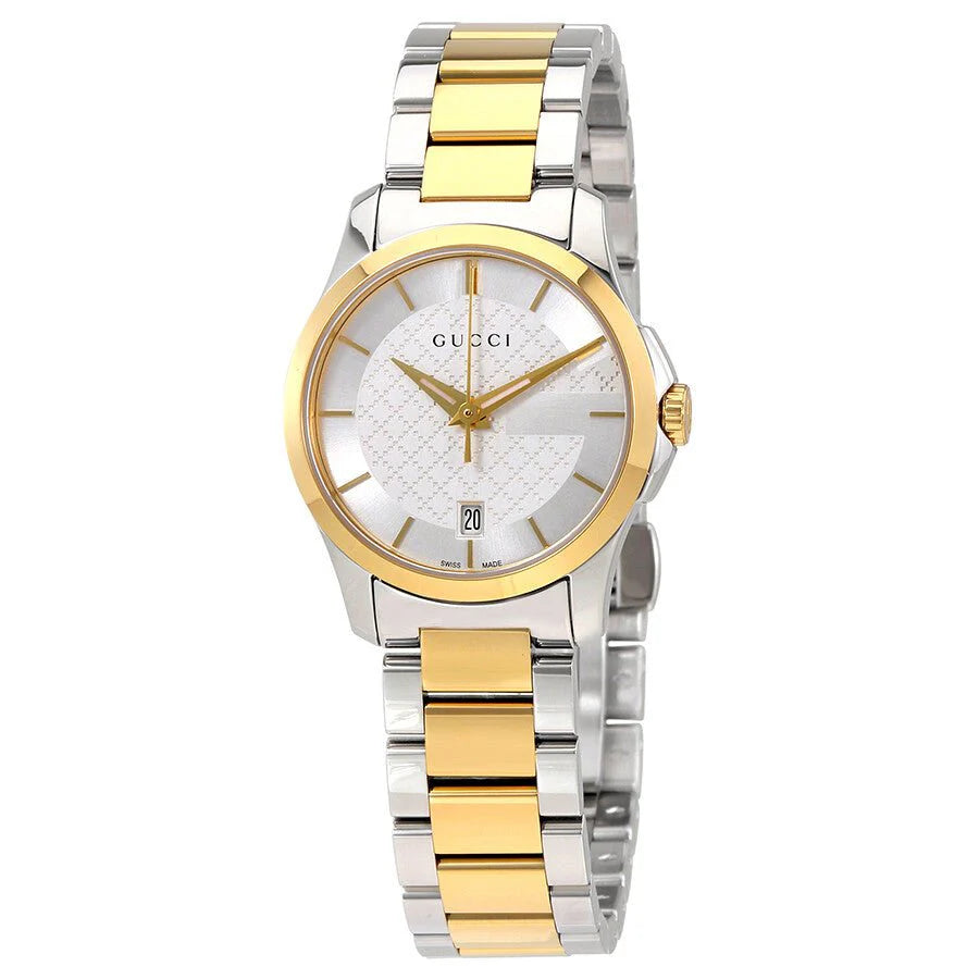 Gucci G Timeless Damenuhr mit silbernem Zifferblatt und zweifarbigem Edelstahlarmband - YA126563