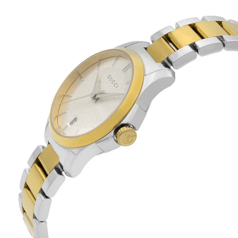 Gucci G Timeless Damenuhr mit silbernem Zifferblatt und zweifarbigem Edelstahlarmband - YA126563