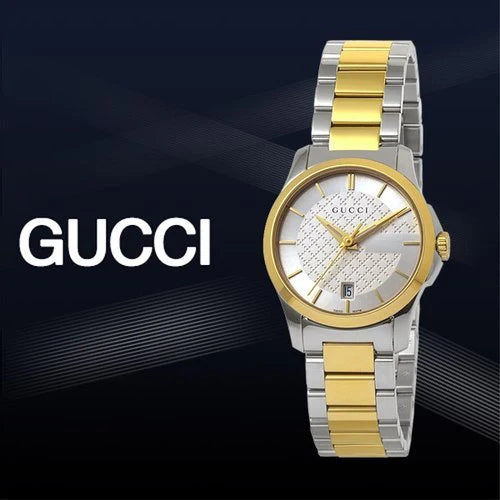 Gucci G Timeless Damenuhr mit silbernem Zifferblatt und zweifarbigem Edelstahlarmband - YA126563