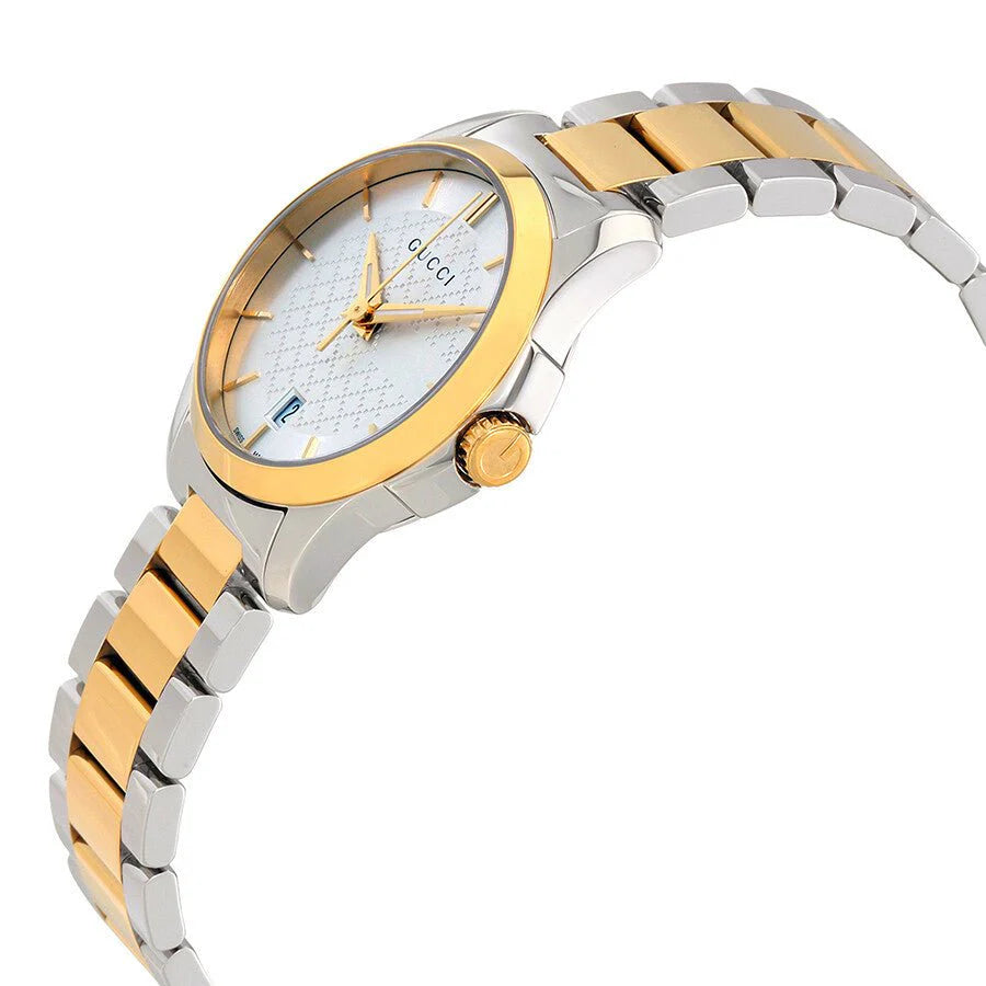 Gucci G Timeless Damenuhr mit silbernem Zifferblatt und zweifarbigem Edelstahlarmband - YA126563
