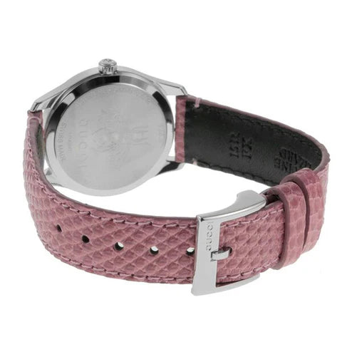 Gucci  Damenuhr mit rosa Perlmuttzifferblatt und Lederarmband YA126586