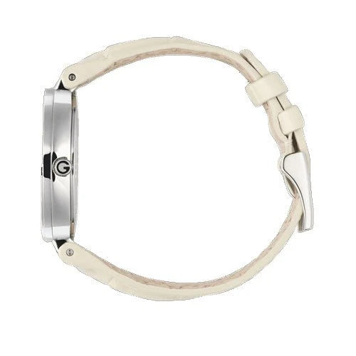 Gucci Damenuhr mit ineinandergreifendem Muster aus 18-karätigem Gold, silbernem Zifferblatt und weißem Lederarmband - YA133303