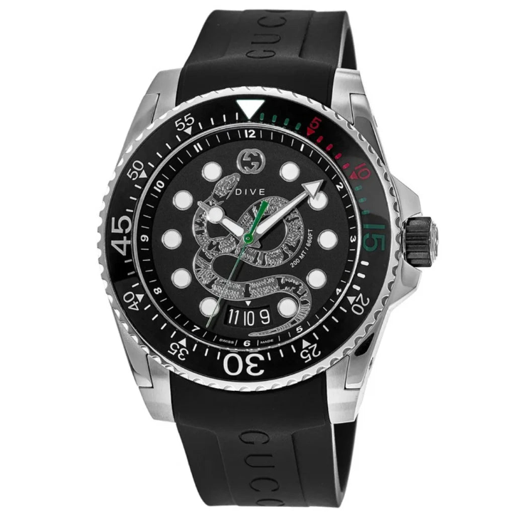 Gucci Dive Quartz Kingsnake – schwarzes Zifferblatt, schwarzes Kautschukarmband – Uhr für Herren – YA136217