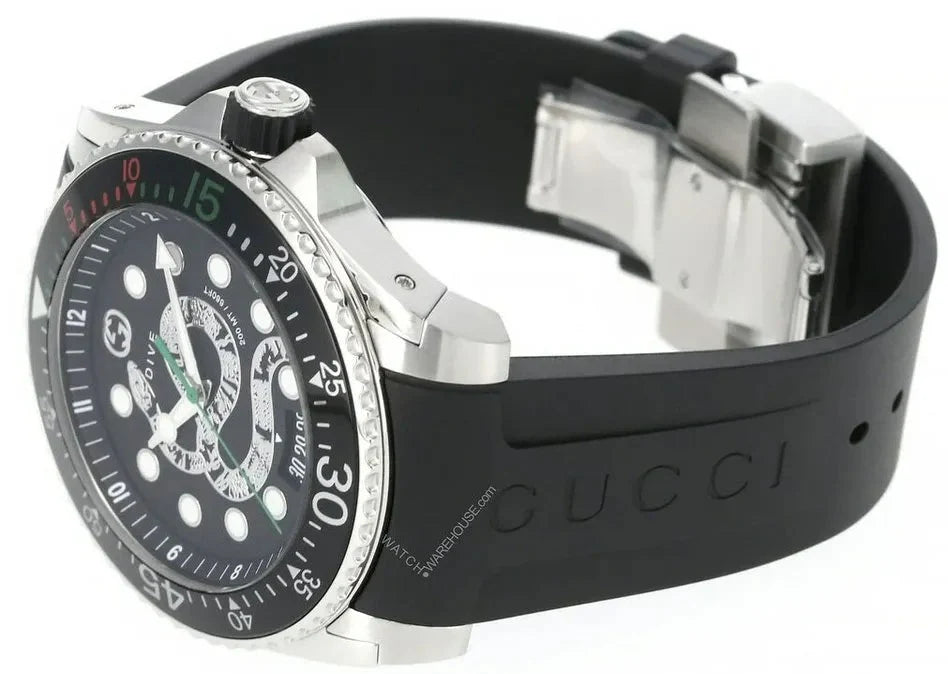 Gucci Dive Quartz Kingsnake – schwarzes Zifferblatt, schwarzes Kautschukarmband – Uhr für Herren – YA136217