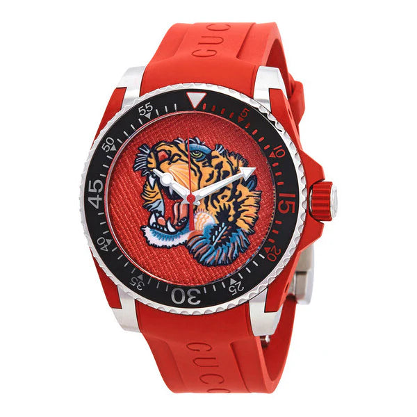 Gucci Dive Tiger – Rotes Zifferblatt – Rotes Kautschukarmband – Uhr für Herren – YA136315, Herrenuhr