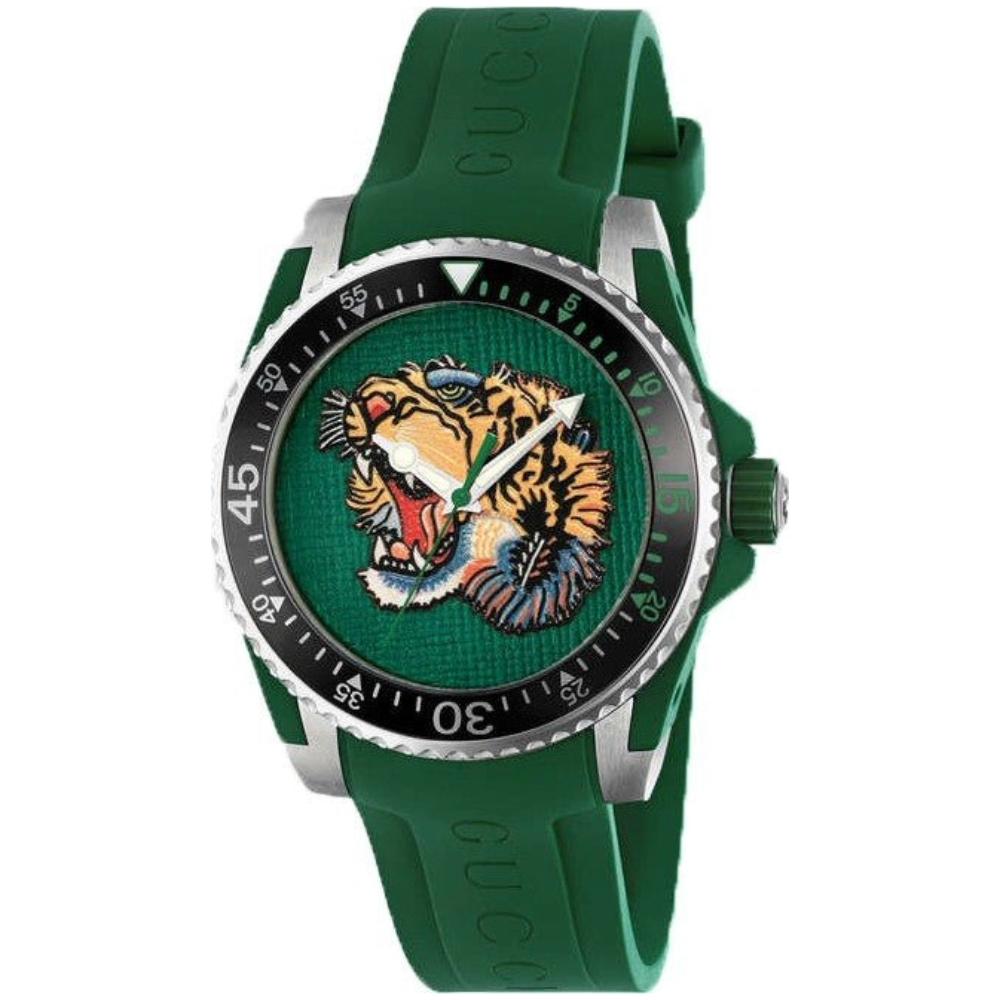 Gucci Dive Tiger – Grünes Zifferblatt – Grünes Kautschukarmband – Uhr für Herren –YA136316, Herrenuhr