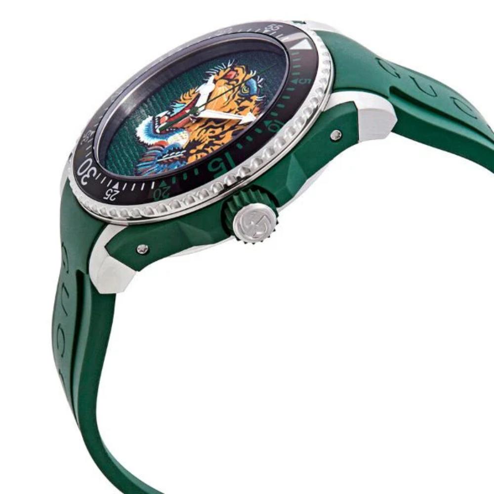 Gucci Dive Tiger – Grünes Zifferblatt – Grünes Kautschukarmband – Uhr für Herren –YA136316, Herrenuhr
