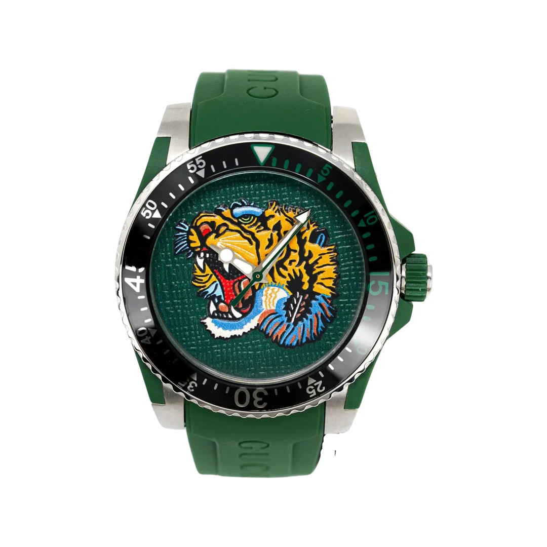 Gucci Dive Tiger – Grünes Zifferblatt – Grünes Kautschukarmband – Uhr für Herren –YA136316, Herrenuhr