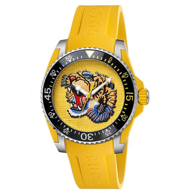 Gucci Dive Tiger – Gelbes Zifferblatt – Gelbes Kautschukarmband – Uhr für Herren – YA136317, Herrenuhr