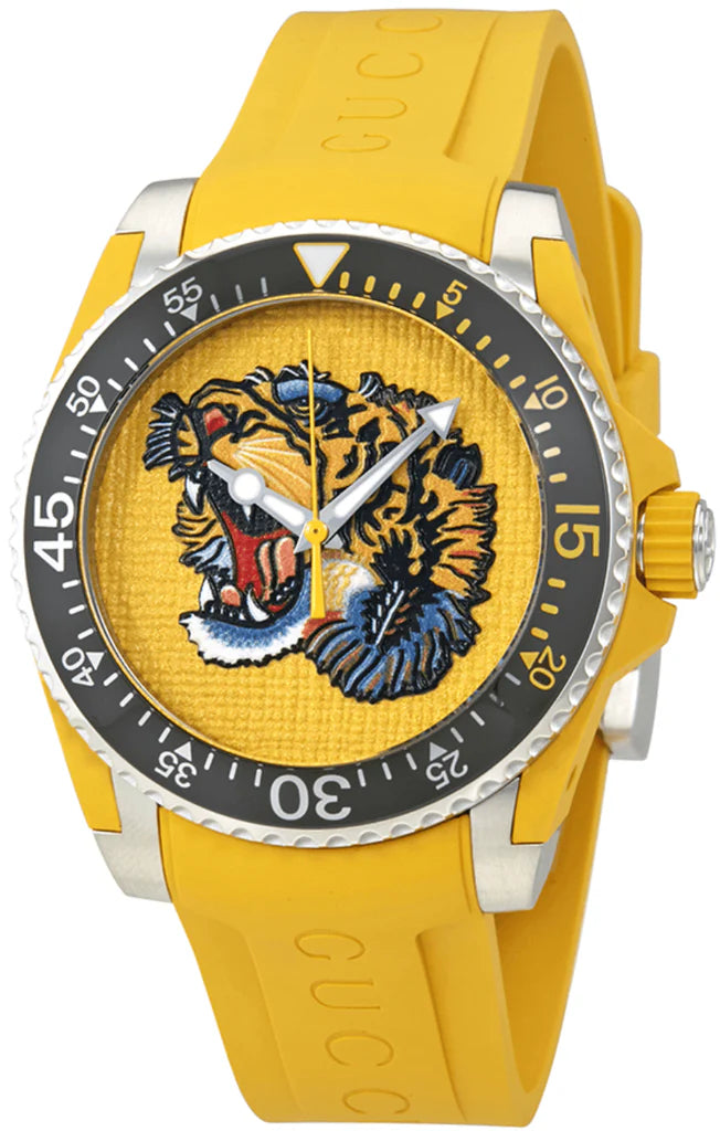 Gucci Dive Tiger – Gelbes Zifferblatt – Gelbes Kautschukarmband – Uhr für Herren – YA136317, Herrenuhr