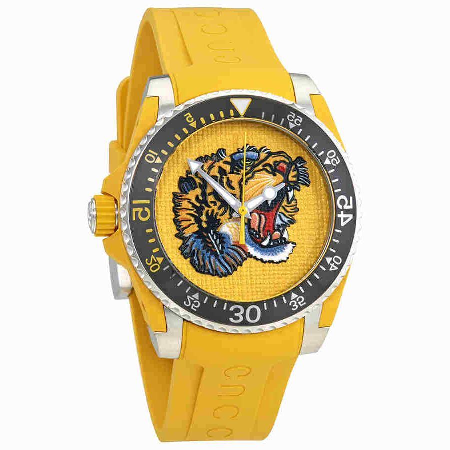 Gucci Dive Tiger – Gelbes Zifferblatt – Gelbes Kautschukarmband – Uhr für Herren – YA136317, Herrenuhr