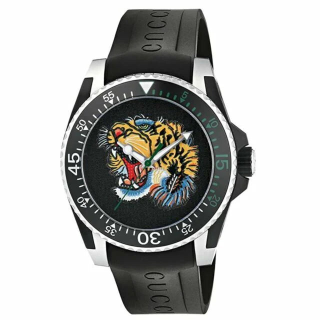 Gucci Dive Tiger – Schwarzes Zifferblatt – Schwarzes Kautschukarmband – Uhr für Herren – YA136318, Herrenuhr