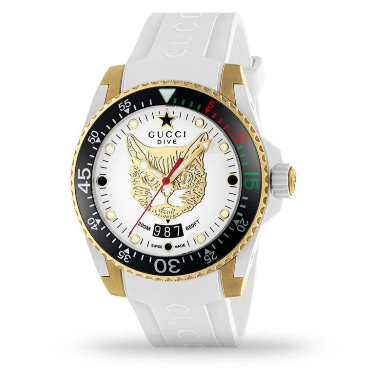 Gucci Dive Quartz Unisex-Uhr mit weißem Zifferblatt und weißem Kautschukarmband – YA136322