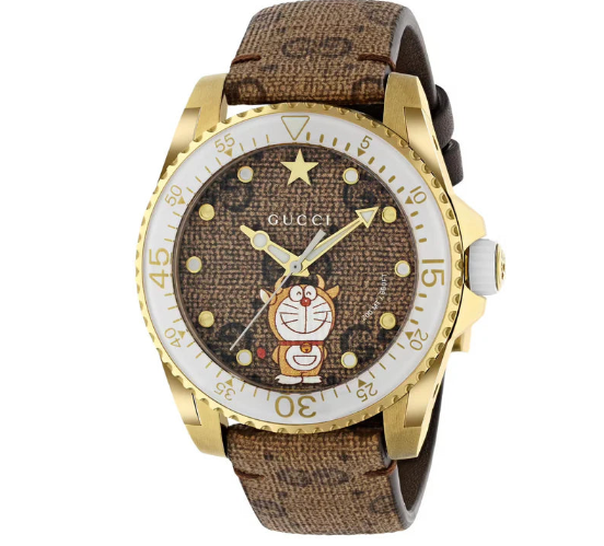 Gucci Dive Doraemon Quarzuhr mit braunem Zifferblatt und braunem Lederarmband,  Herrenuhr – YA136334