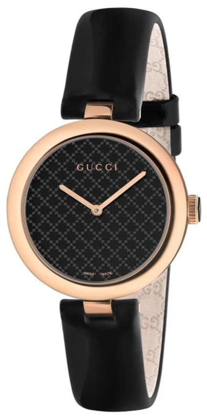 Gucci Diamantissima Quarzuhr mit schwarzem Zifferblatt und schwarzem Lederarmband für Damen – YA141401m Damenuhr