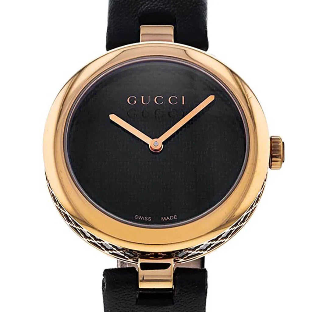 Gucci Diamantissima Quarzuhr mit schwarzem Zifferblatt und schwarzem Lederarmband für Damen – YA141401m Damenuhr