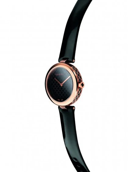 Gucci Diamantissima Quarzuhr mit schwarzem Zifferblatt und schwarzem Lederarmband für Damen – YA141401m Damenuhr