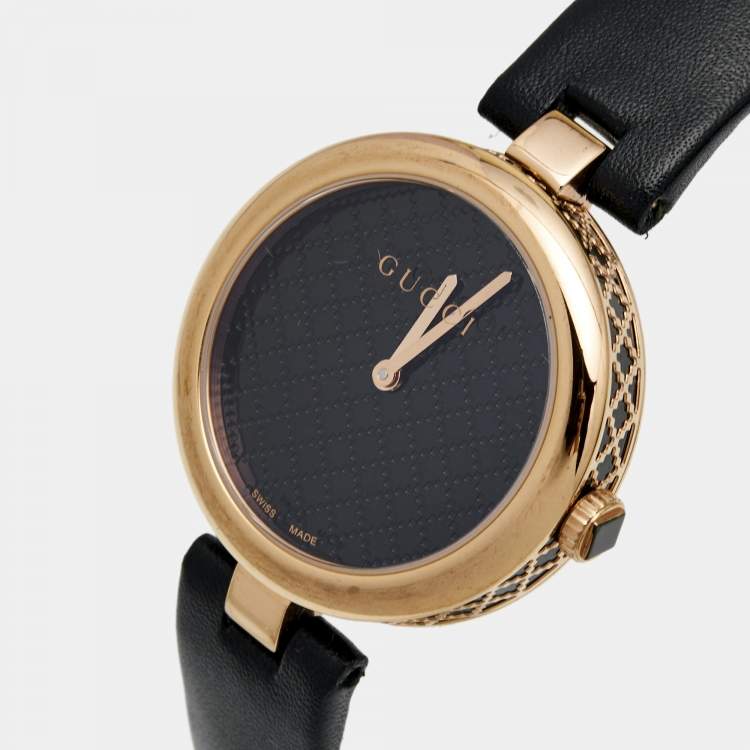 Gucci Diamantissima Quarzuhr mit schwarzem Zifferblatt und schwarzem Lederarmband für Damen – YA141401m Damenuhr
