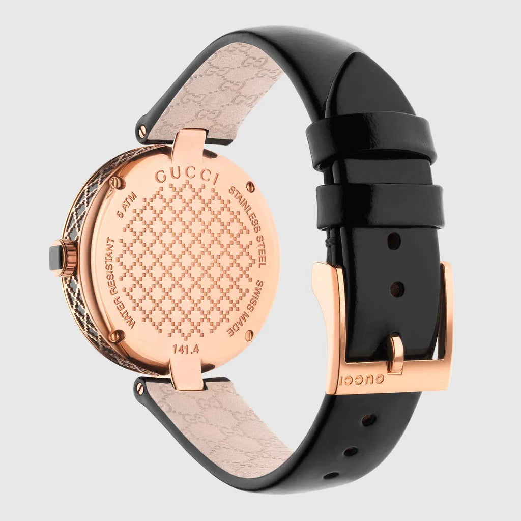 Gucci Diamantissima Quarzuhr mit schwarzem Zifferblatt und schwarzem Lederarmband für Damen – YA141401m Damenuhr