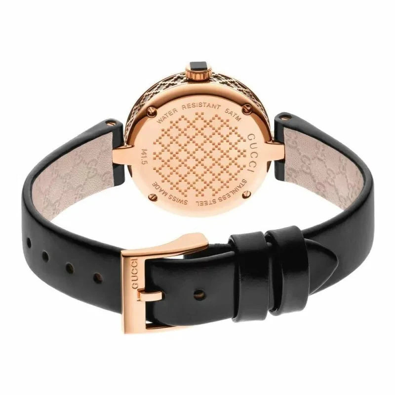 Gucci Diamantissima Quarzuhr mit schwarzem Zifferblatt und schwarzem Lederarmband für Damen – YA141401m Damenuhr