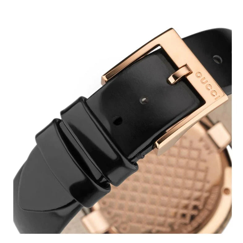 Gucci Diamantissima Quarzuhr mit schwarzem Zifferblatt und schwarzem Lederarmband für Damen – YA141401m Damenuhr