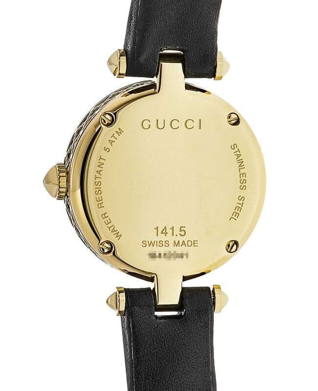 Gucci Diamantissima Damenuhr mit Perlmuttzifferblatt und schwarzem Lederarmband - YA141505