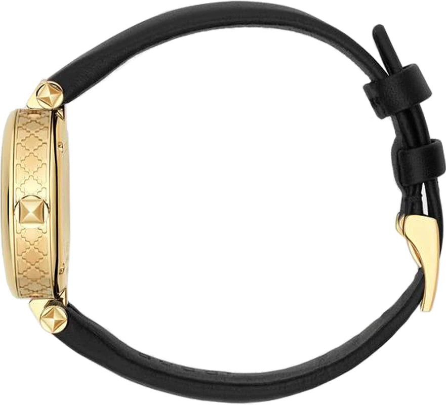 Gucci Diamantissima Damenuhr mit Perlmuttzifferblatt und schwarzem Lederarmband - YA141505