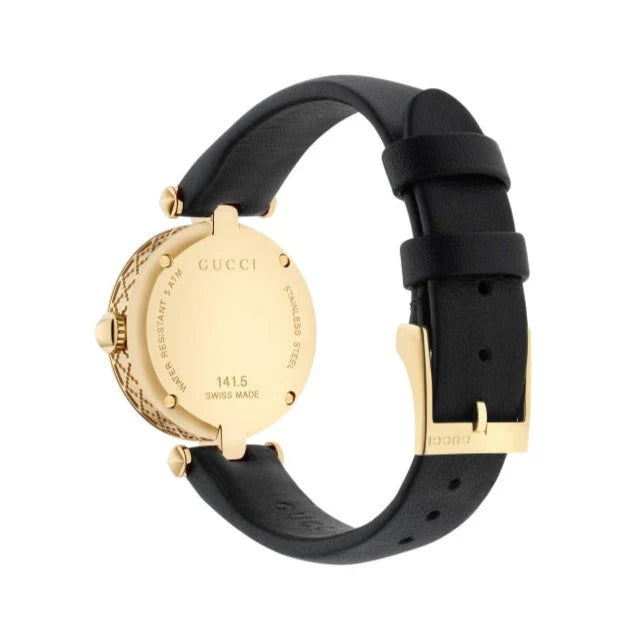 Gucci Diamantissima Damenuhr mit Perlmuttzifferblatt und schwarzem Lederarmband - YA141505