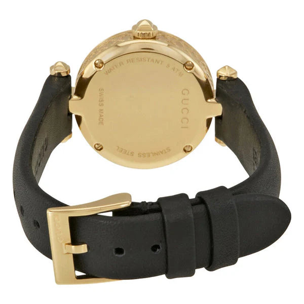 Gucci Diamantissima Damenuhr mit Perlmuttzifferblatt und schwarzem Lederarmband - YA141505