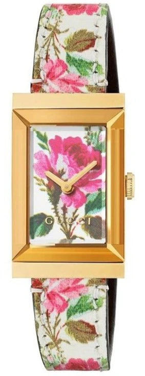 Gucci G-Frame Florales Perlmutt-Zifferblatt mit weißem Lederarmband für Damen – YA147406, Damenuhr