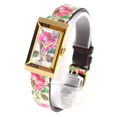 Gucci G-Frame Florales Perlmutt-Zifferblatt mit weißem Lederarmband für Damen – YA147406, Damenuhr