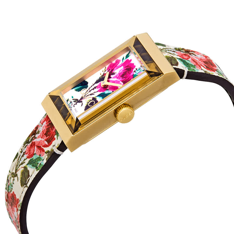 Gucci G-Frame Florales Perlmutt-Zifferblatt mit weißem Lederarmband für Damen – YA147406, Damenuhr