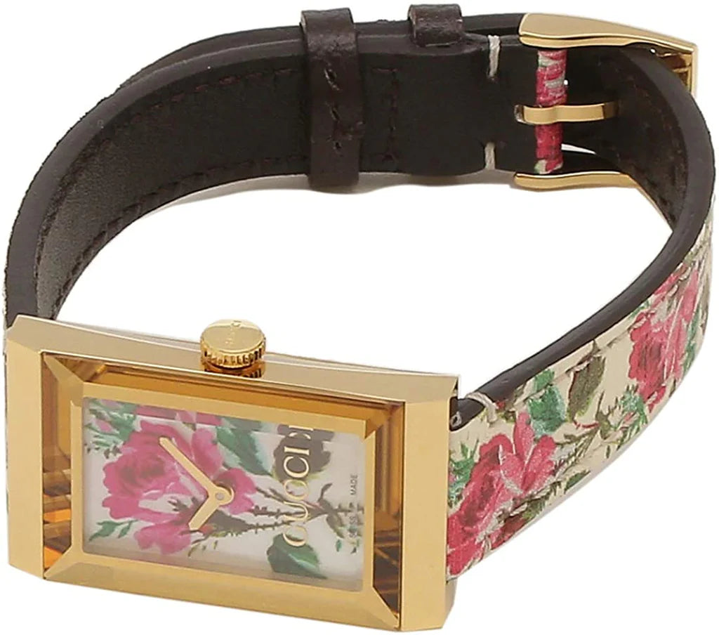 Gucci G-Frame Florales Perlmutt-Zifferblatt mit weißem Lederarmband für Damen – YA147406, Damenuhr