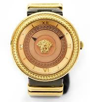 Versace V Metal Icon Damenuhr mit goldenem Zifferblatt und braunem Armband – VLC130016
