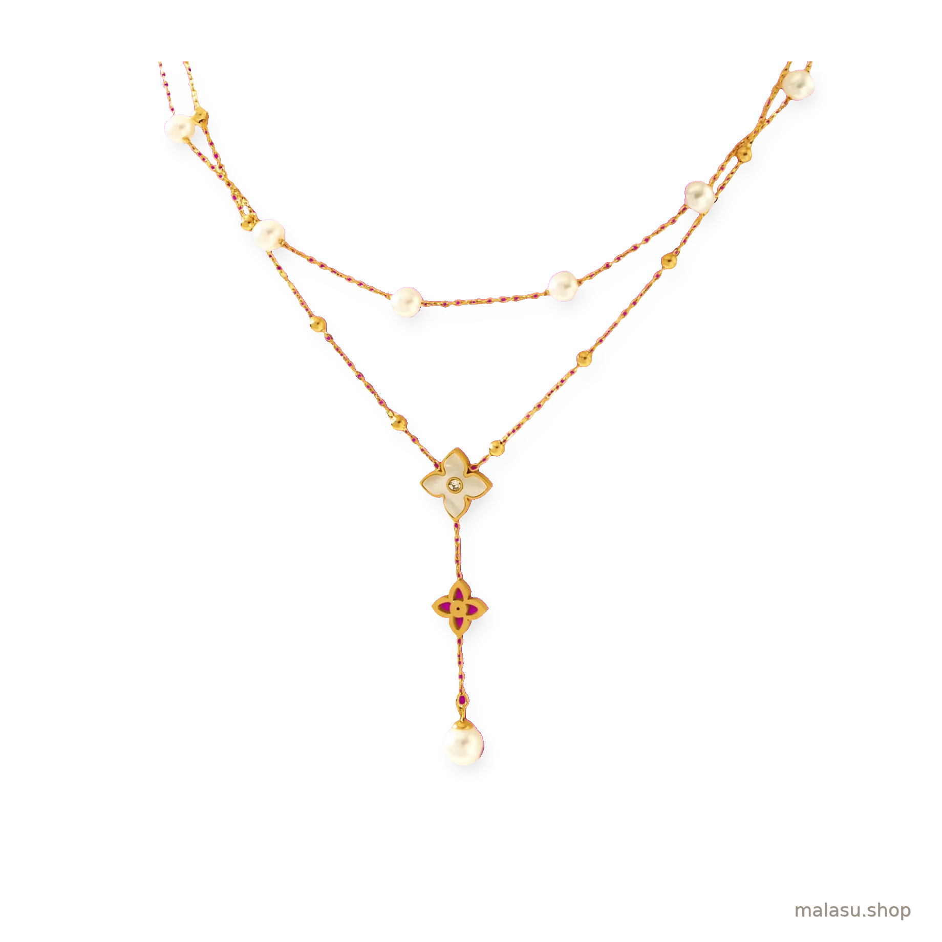 Perlen-Vierblättriges Kleeblatt-Anhänger mit Zirkonia, luxuriöse und elegante Damenmode-Doppelschicht-Halskette