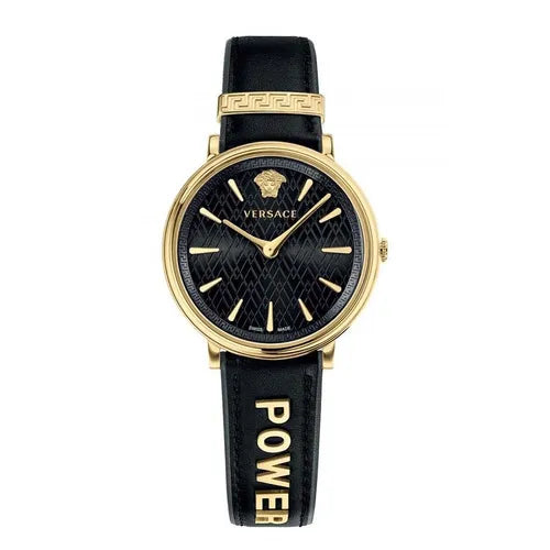 Versace V Circle Quarz Schwarzes Zifferblatt  Lederarmbanduhr für Damen – VBP04017