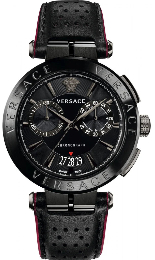 Versace V-Racer Aion Chronograph mit schwarzem Zifferblatt und schwarzem Lederarmband für Herren – VBR030017, Herrenuhr