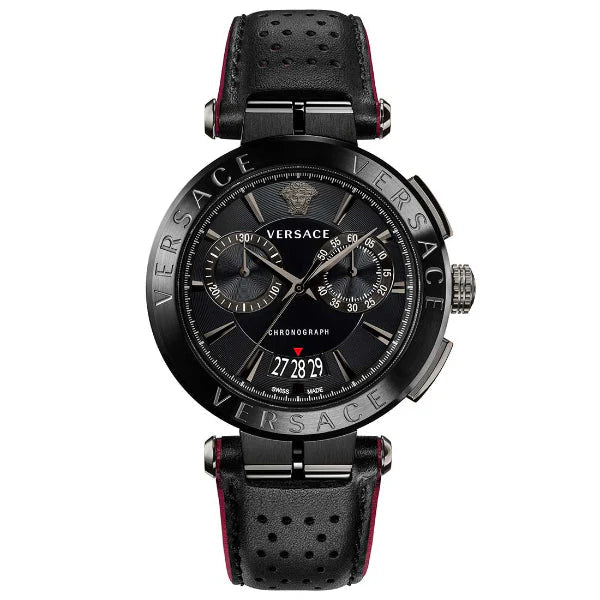 Versace V-Racer Aion Chronograph mit schwarzem Zifferblatt und schwarzem Lederarmband für Herren – VBR030017, Herrenuhr