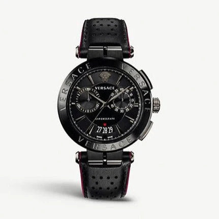 Versace V-Racer Aion Chronograph mit schwarzem Zifferblatt und schwarzem Lederarmband für Herren – VBR030017, Herrenuhr