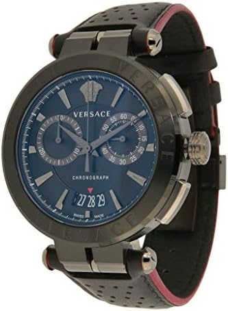 Versace V-Racer Aion Chronograph mit schwarzem Zifferblatt und schwarzem Lederarmband für Herren – VBR030017, Herrenuhr
