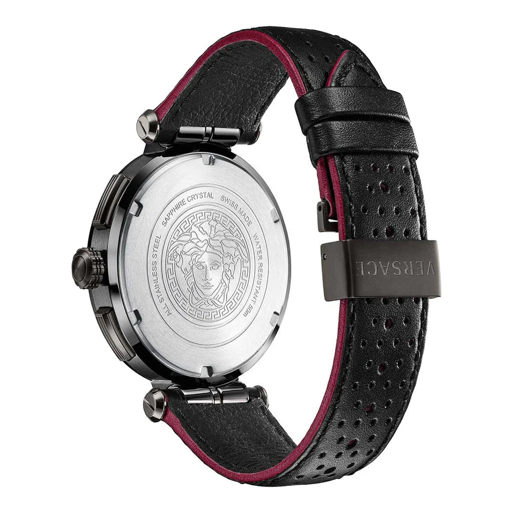 Versace V-Racer Aion Chronograph mit schwarzem Zifferblatt und schwarzem Lederarmband für Herren – VBR030017, Herrenuhr