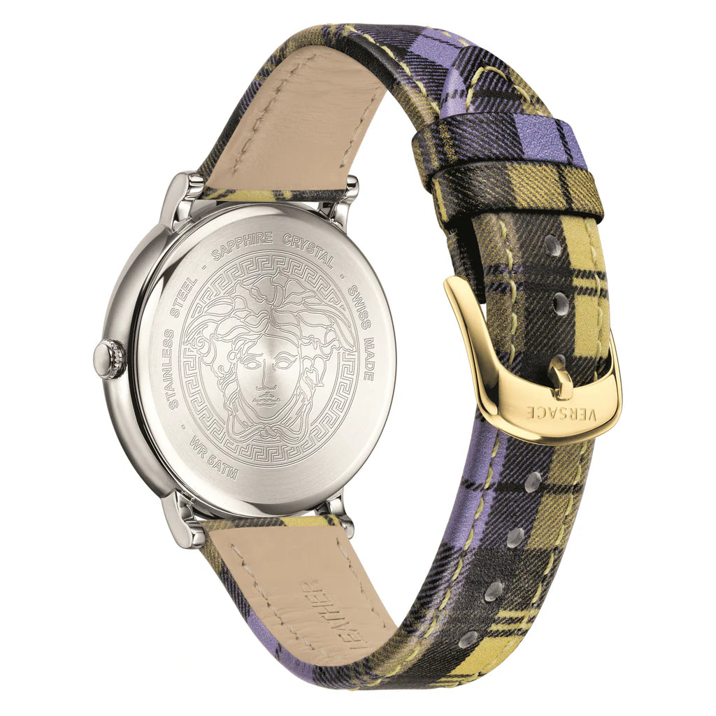 Versace V-Circle The Clans Edition Damenuhr mit silbernem Zifferblatt und mehrfarbigem Lederarmband – VE8100118