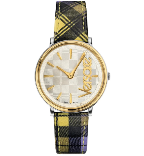 Versace V-Circle The Clans Edition Damenuhr mit silbernem Zifferblatt und mehrfarbigem Lederarmband – VE8100118